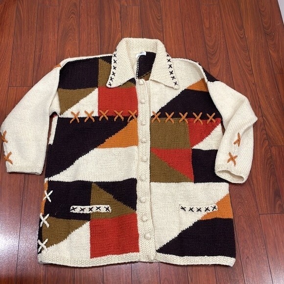 Hand Knit Alpaca Oversize Chunky Patchwork Cardigan ~Frontiers Scotland One Size - Picture 1 of 15